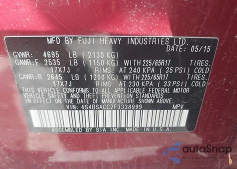 2015 Subaru Outback 2.5I Premium z USA, uszkodzony, nr VIN 4S4BSACC2F3338999